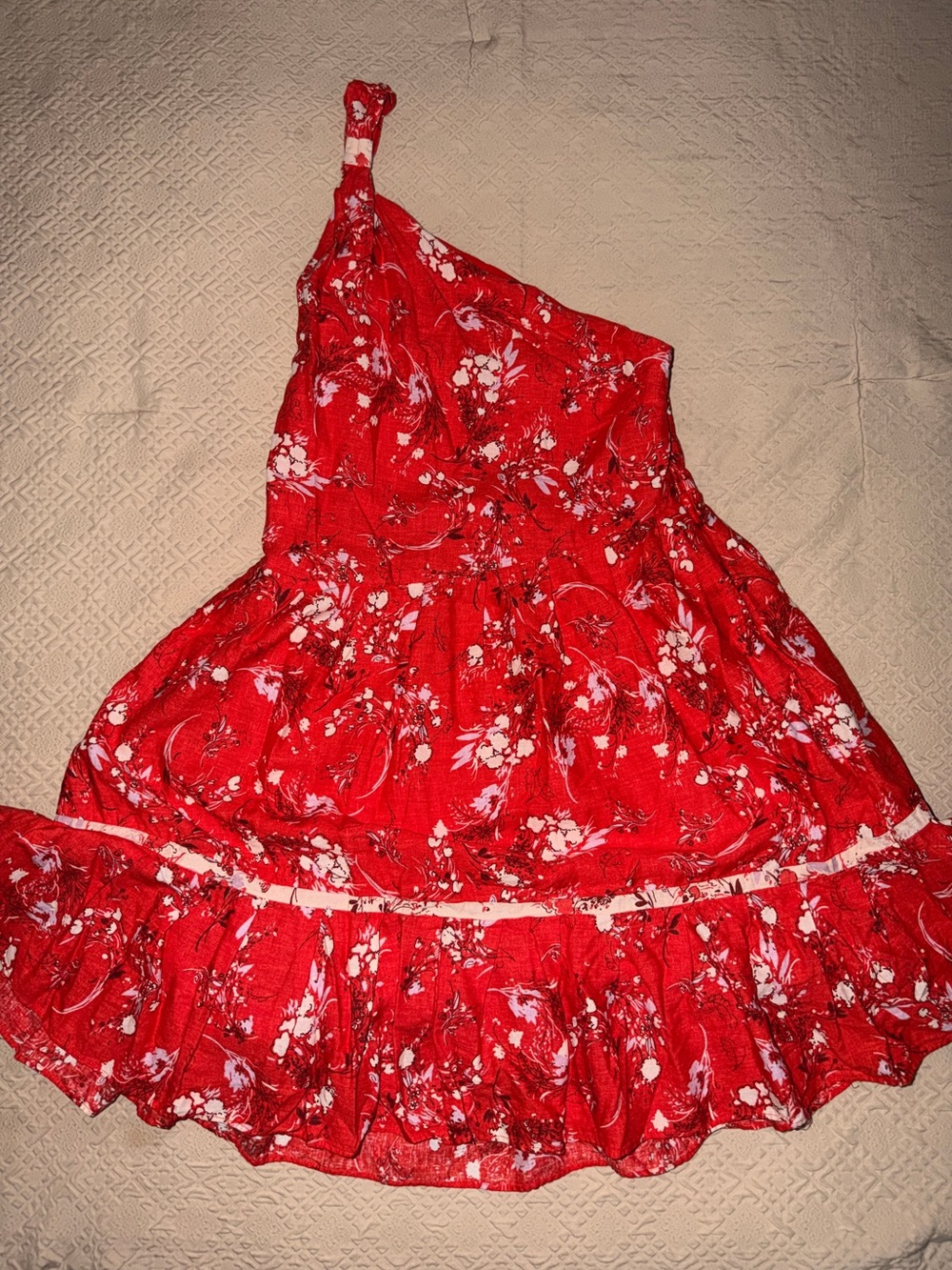 Free People One Shoulder Red Floral Ruffle Mini Dress Bohemian Womens Medium